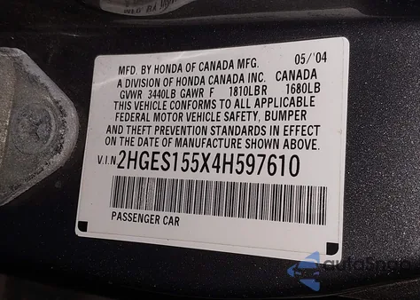 2004 Honda Civic Lx from USA, damaged, VIN 2HGES155X4H597610